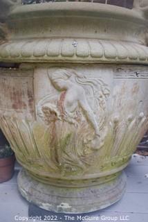 Very Large Vintage Cast Cement Outdoor Planter with Handles and Greek Motif