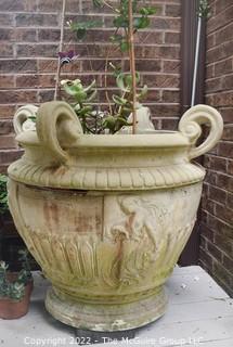 Very Large Vintage Cast Cement Outdoor Planter with Handles and Greek Motif