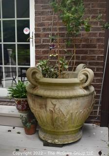 Very Large Vintage Cast Cement Outdoor Planter with Handles and Greek Motif