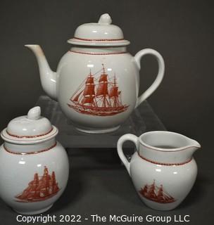 Three (3) Piece Wedgwood Georgetown Collection Flying Cloud Rust Pattern Coffee/Tea Service Including Pot, Sugar & Creamer.  The interior lip of the sugar lid is broken.  