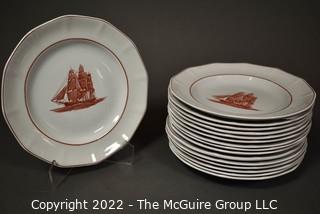 Sixteen (16) Piece Wedgwood Georgetown Collection Flying Cloud Rust Pattern 10" Dinner Plates.  One with chip.