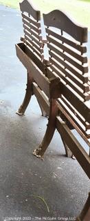 Antique Wood Slat Double Seat Folding Theater Chairs with Carved Back. Metal foot brackets for mounting. 49"L x 32"T 