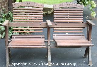 Antique Wood Slat Double Seat Folding Theater Chairs with Carved Back. Metal foot brackets for mounting. 49"L x 32"T 