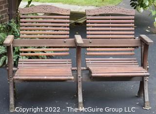 Antique Wood Slat Double Seat Folding Theater Chairs with Carved Back. Metal foot brackets for mounting. 49"L x 32"T 