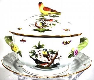 Herend Rothschild Round Hand Painted Porcelain Covered Tureen With Bird Lid  and Charger Under Plate.  