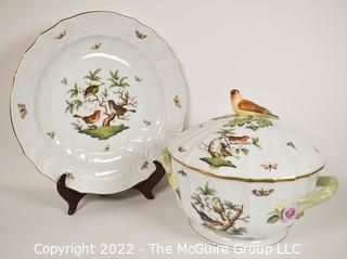 Herend Rothschild Round Hand Painted Porcelain Covered Tureen With Bird Lid  and Charger Under Plate.  