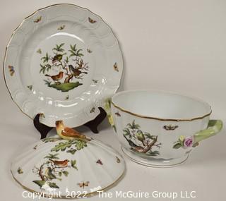 Herend Rothschild Round Hand Painted Porcelain Covered Tureen With Bird Lid  and Charger Under Plate.  