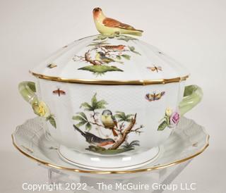 Herend Rothschild Round Hand Painted Porcelain Covered Tureen With Bird Lid  and Charger Under Plate.  