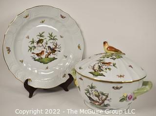 Herend Rothschild Round Hand Painted Porcelain Covered Tureen With Bird Lid  and Charger Under Plate.  