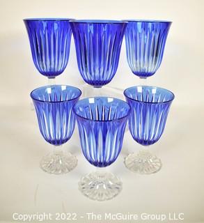  Set of Six (6) French Cut to Clear Cobalt Blue Crystal Stemmed Water Goblets. 