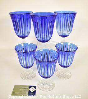  Set of Six (6) French Cut to Clear Cobalt Blue Crystal Stemmed Water Goblets. 