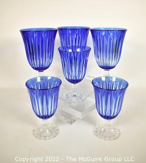  Set of Six (6) French Cut to Clear Cobalt Blue Crystal Stemmed Water Goblets. 