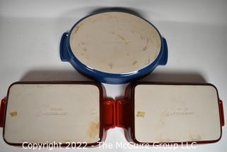 Three (3) Le Creuset Stoneware Baking Dishes including Oval Au Gratin