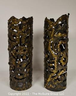 Two (2) Vintage Artisan Made Openwork Heavy Metal Pillar Votive Candle Holders.  11" H.