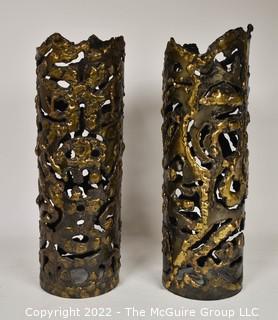 Two (2) Vintage Artisan Made Openwork Heavy Metal Pillar Votive Candle Holders.  11" H.