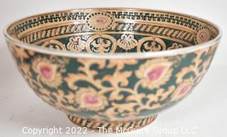 Porcelain Oriental Accent Incised Hand Painted Serving Bowl with Green Ground, Made in China.  10"D