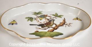 Herend Hungary Rothschild Bird Pattern Hand Painted Porcelain Scalloped Pin or Trinket Dish.  5 1/2" W.