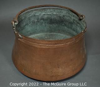 Antique Hammered Large Copper Cauldron Pot with Hand Forged Handles.  11" T x 15" D