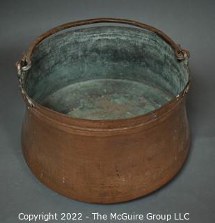 Antique Hammered Large Copper Cauldron Pot with Hand Forged Handles.  11" T x 15" D