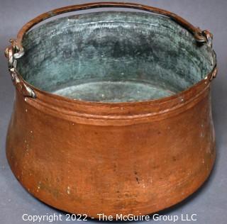 Antique Hammered Large Copper Cauldron Pot with Hand Forged Handles.  11" T x 15" D