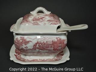 Vintage Red Transferware Porcelain Covered Tureen with UnderPlate and Ladle.  