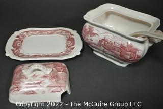 Vintage Red Transferware Porcelain Covered Tureen with UnderPlate and Ladle.  