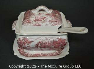 Vintage Red Transferware Porcelain Covered Tureen with UnderPlate and Ladle.  