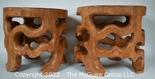 Two (2) Artisan Hand Carved Openwork Wood Foot Stools. 10" T