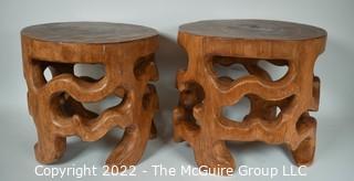 Two (2) Artisan Hand Carved Openwork Wood Foot Stools. 10" T