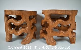 Two (2) Artisan Hand Carved Openwork Wood Foot Stools. 10" T