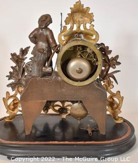 French Antique S Marti et Cie- Medaille de Bronze Clock with Boy and Fishing Pole on Base with Glass Dome Cloche.  13"tall excluding cloche. 