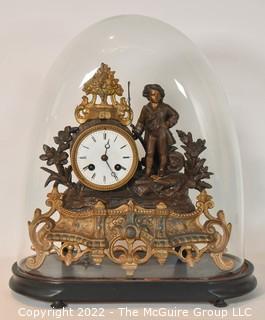 French Antique S Marti et Cie- Medaille de Bronze Clock with Boy and Fishing Pole on Base with Glass Dome Cloche.  13"tall excluding cloche. 