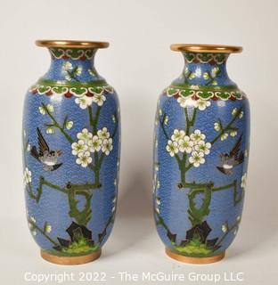 Pair of Two (2) Vintage Robins Egg Blue Cloisonne Enamel Painted Vases with Bird and Cherry Blossoms. 7 1/2" T. 