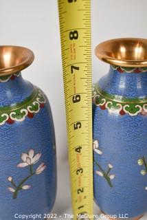 Pair of Two (2) Vintage Robins Egg Blue Cloisonne Enamel Painted Vases with Bird and Cherry Blossoms. 7 1/2" T. 