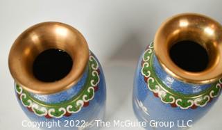 Pair of Two (2) Vintage Robins Egg Blue Cloisonne Enamel Painted Vases with Bird and Cherry Blossoms. 7 1/2" T. 