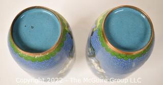 Pair of Two (2) Vintage Robins Egg Blue Cloisonne Enamel Painted Vases with Bird and Cherry Blossoms. 7 1/2" T. 