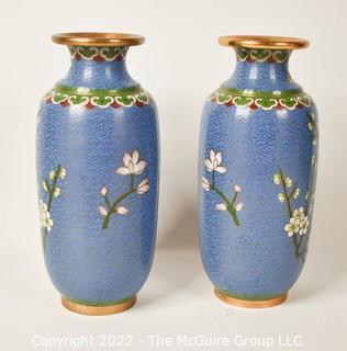 Pair of Two (2) Vintage Robins Egg Blue Cloisonne Enamel Painted Vases with Bird and Cherry Blossoms. 7 1/2" T. 