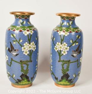 Pair of Two (2) Vintage Robins Egg Blue Cloisonne Enamel Painted Vases with Bird and Cherry Blossoms. 7 1/2" T. 