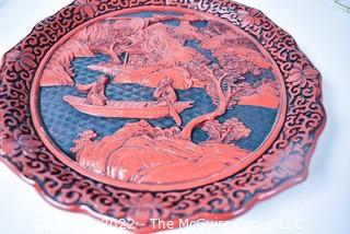 Vintage Chinese Red Cinnabar Lacquer Hand Carved Plate with Chopmark.  10" D.