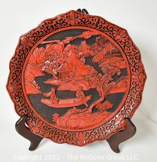 Vintage Chinese Red Cinnabar Lacquer Hand Carved Plate with Chopmark.  10" D.