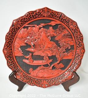 Vintage Chinese Red Cinnabar Lacquer Hand Carved Plate with Chopmark.  10" D.