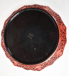 Vintage Chinese Red Cinnabar Lacquer Hand Carved Plate with Chopmark.  10" D.