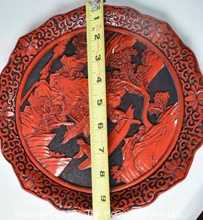 Vintage Chinese Red Cinnabar Lacquer Hand Carved Plate with Chopmark.  10" D.