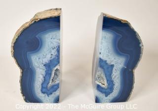 Pair of Two (2) Organic Floating Blue Crystal Quartz Polished Geode Stone Bookends. 6" tall.