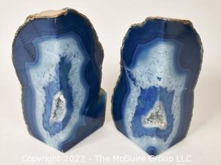 Pair of Two (2) Organic Floating Blue Crystal Quartz Polished Geode Stone Bookends. 6" tall.