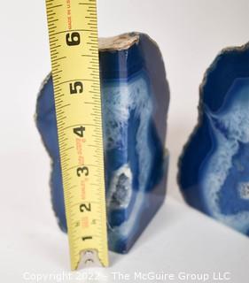 Pair of Two (2) Organic Floating Blue Crystal Quartz Polished Geode Stone Bookends. 6" tall.