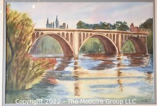 Framed Under Glass Watercolor of Key Bridge Washington DC Signed by Local Artist, Vera Heywood. 22" x 27".