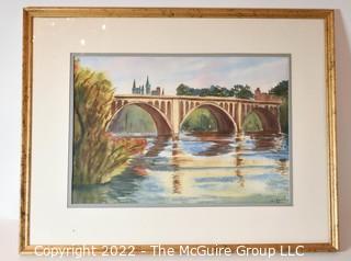 Framed Under Glass Watercolor of Key Bridge Washington DC Signed by Local Artist, Vera Heywood. 22" x 27".