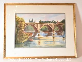 Framed Under Glass Watercolor of Key Bridge Washington DC Signed by Local Artist, Vera Heywood. 22" x 27".