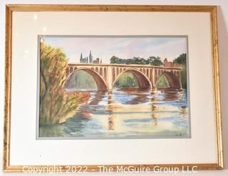 Framed Under Glass Watercolor of Key Bridge Washington DC Signed by Local Artist, Vera Heywood. 22" x 27".